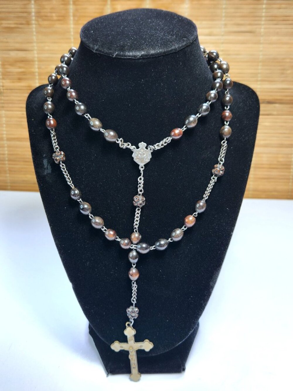 Vintage Catholic Rosary St Mary Hardwood Beads Brass Bakelite Crucifix Chain